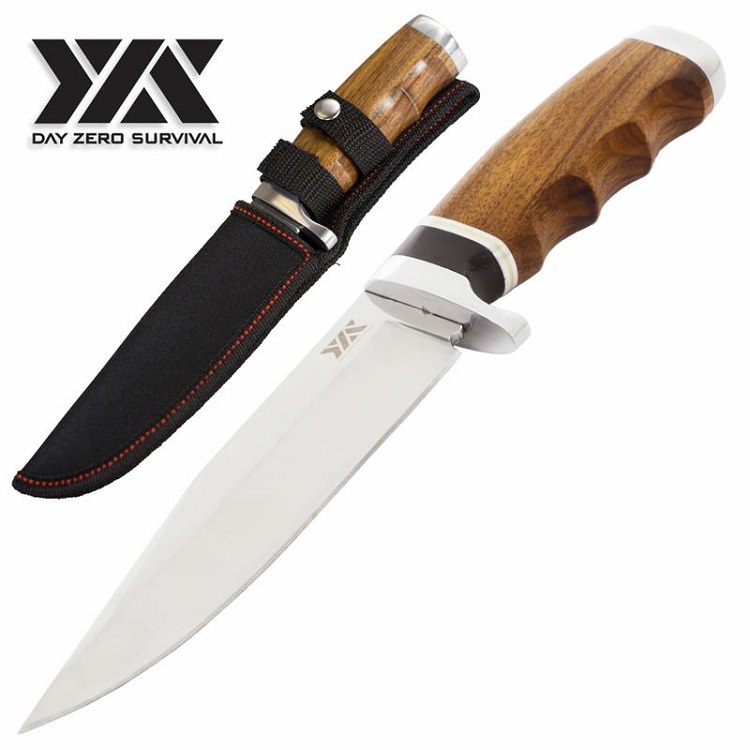 11" Day Zero Survival Fixed Blade Hunting Knife, Full-Tang, Wood Handle - Tophatter's Army Products & Self Defense Collectible Weapons - Tophatter Daily Deals